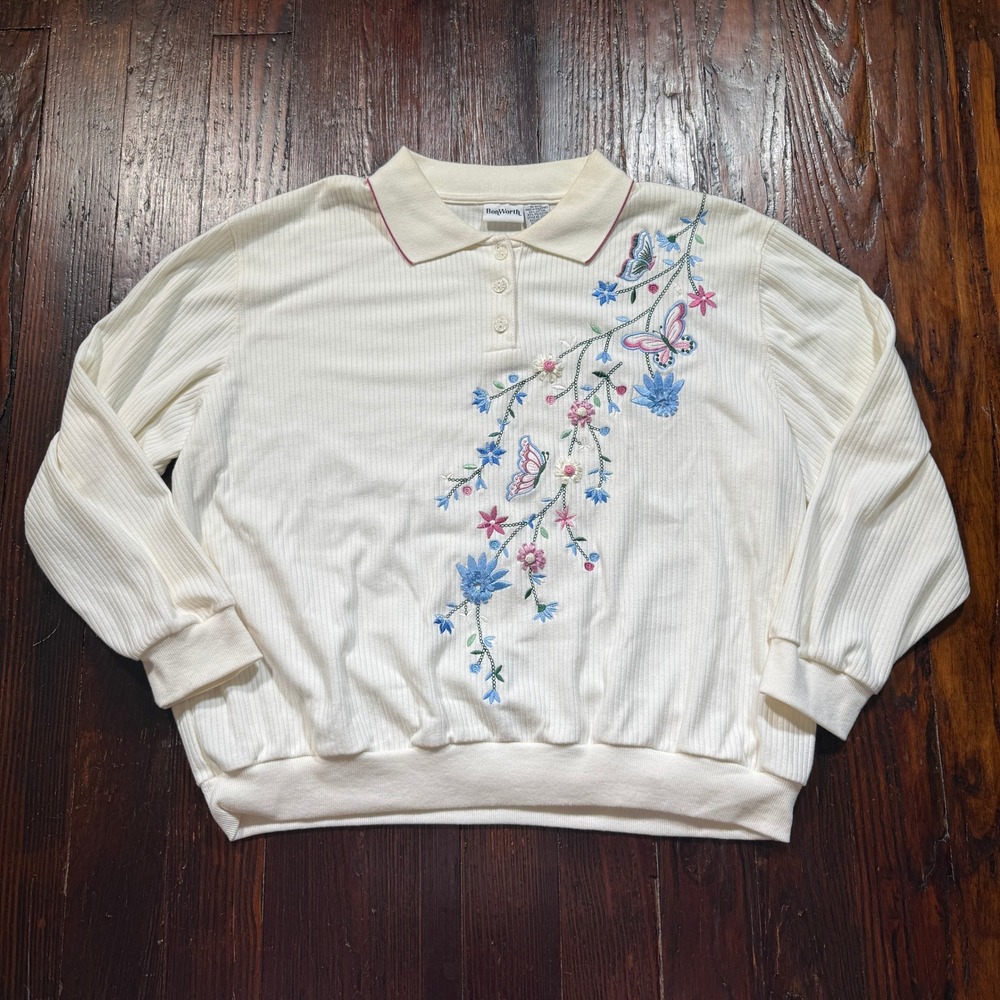 Vintage 90s BonWorth Polo Sweatshirt Womens XL Cream Ribbed Floral Butterfly